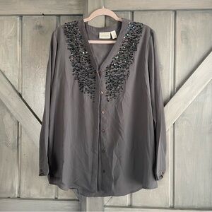 Chicos Gray Sequin Detail Blouse Chiffon Flowy Holiday wear Christmas party‎ XL